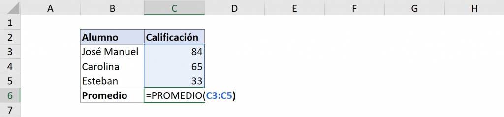 Fórmula PROMEDIO en Excel