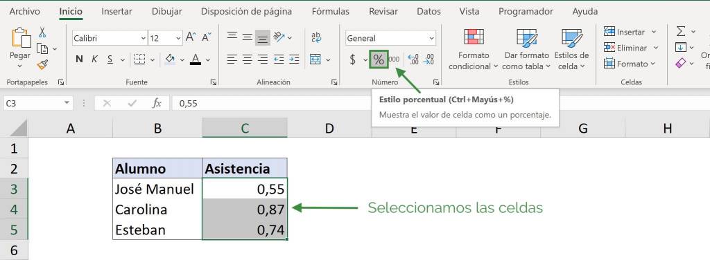 Dar formato porcentaje en Excel, fórmula porcentaje