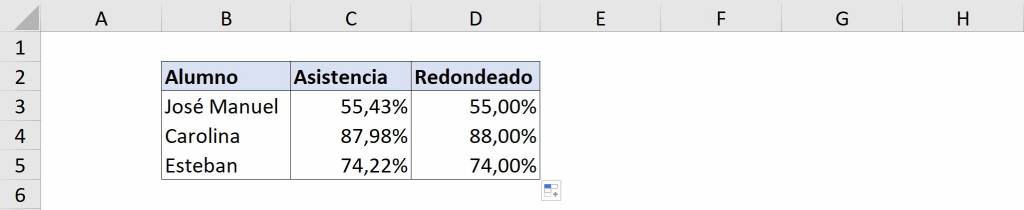 Resultado ejemplo de función REDONDEAR en Excel