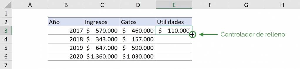 Ejemplo controlador de relleno en Excel