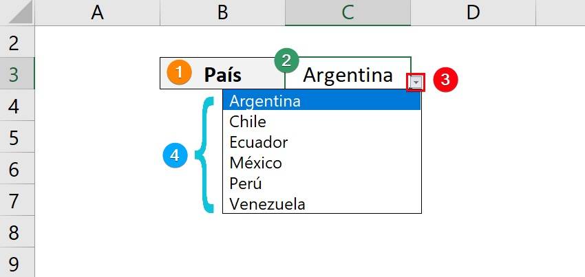 Elementos de una lista desplegable de excel