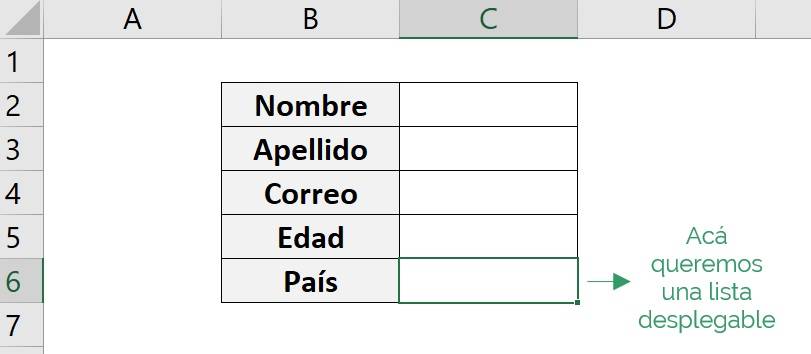 Celda en donde insertaremos una lista desplegable de excel