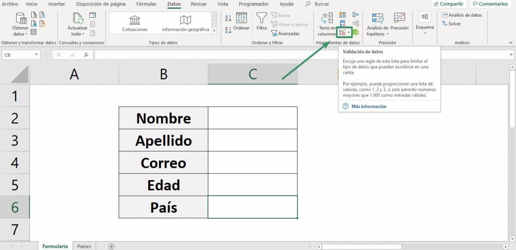 Donde se encuentra la validación de datos en Excel para crear la lista desplegable en excel. 