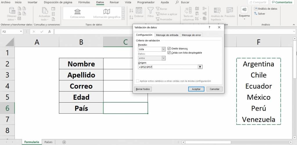 Lista desplegable en excel con datos en diferentes celdas