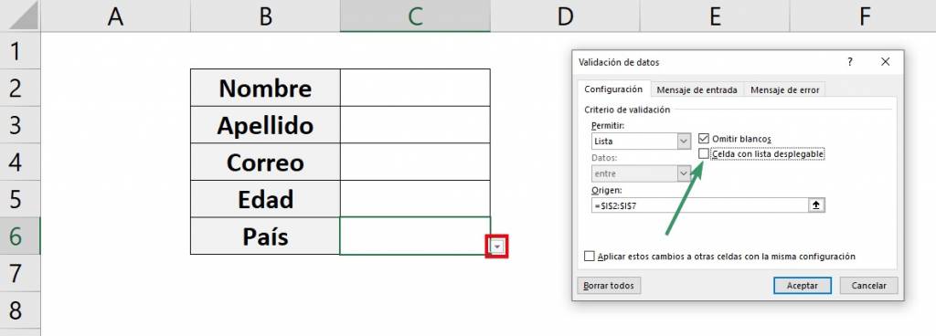 Celda que contiene la lista desplegable tendrá una flecha que se puede quitar o eliminar