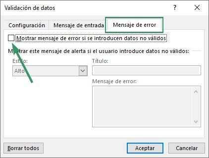 Permitir en la lista desplegable de excel que se puedan introducir datos que no coincidan con los elementos de la lista.  Desmarcar "Mostrar mensaje de error si se introducen datos no válidos"