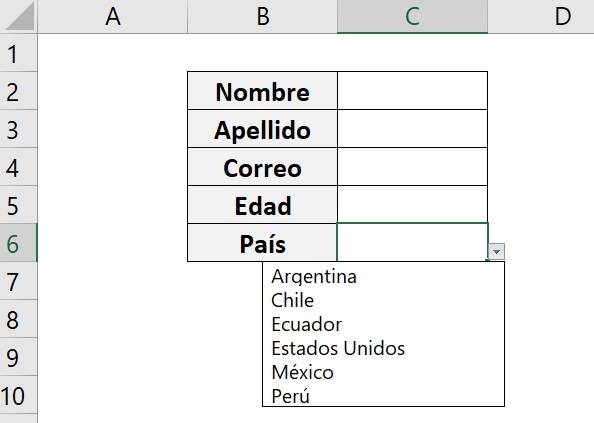 Lista desplegable modificada en Excel