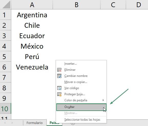 How to hide a tab in excel for a dropdown list