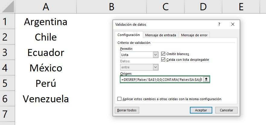 Lista desplegable dinámica en excel