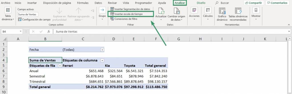 How to insert a timeline in Excel by creating a dynamic tab