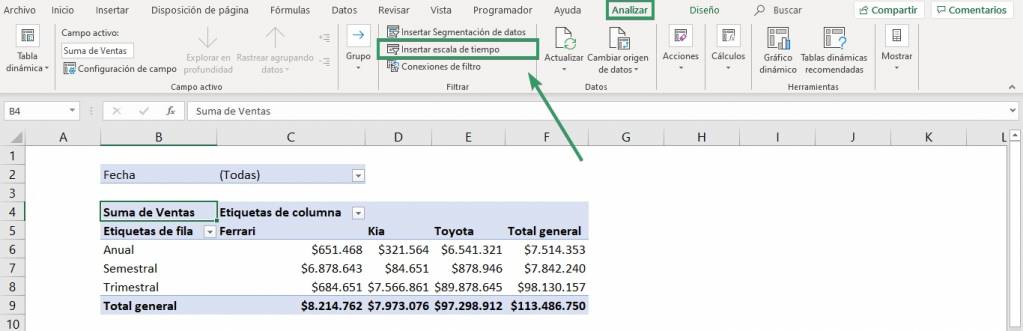 Cómo insertar escala de tiempo en excel creando taba dinámica