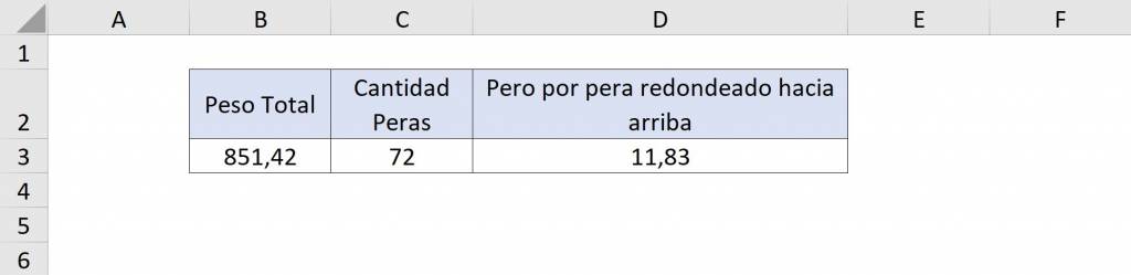 Resultado final ejemplo fórmula anidada en Excel REDONDEAR.MAS