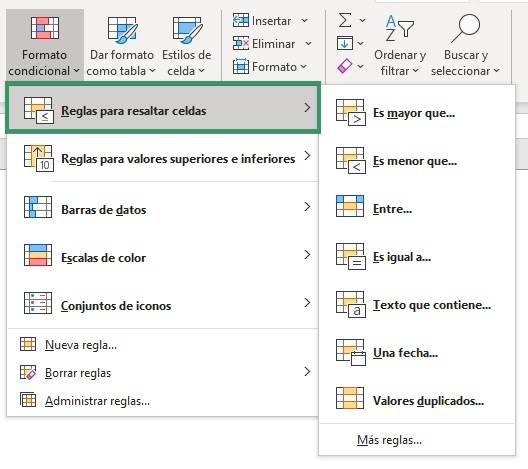 Formato condicional reglas para resaltar celdas