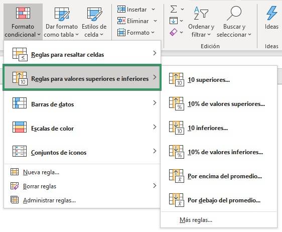Formato condicional reglas para valores superiores e inferiores