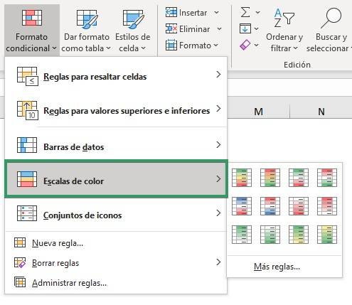 Formato condicional en Excel de escalas de color