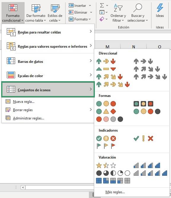 Formato condicional de excel de conjuntos de iconos