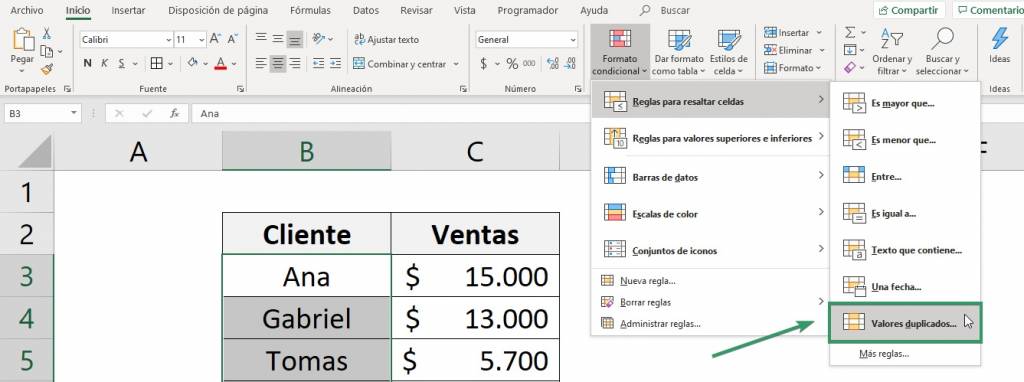 Ejemplos de formatos condicionales