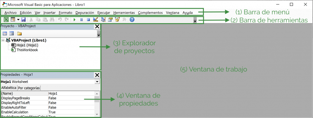 Ventana de editor de VBA en Excel.