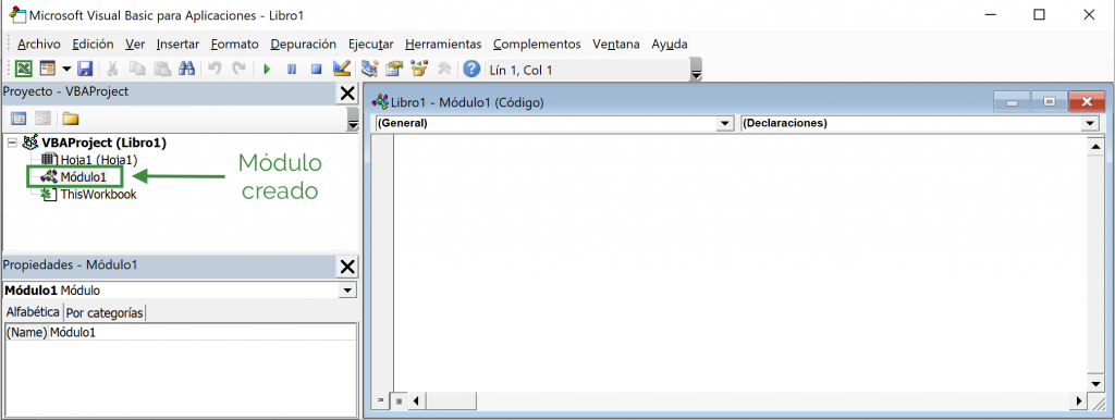 Módulo 1 de VBA en Excel creado