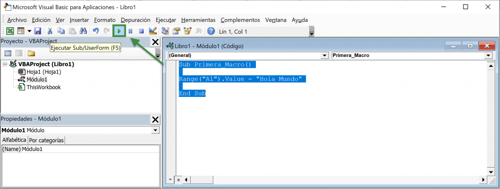 Ejecutar macro de Excel en VBA desde el módulo