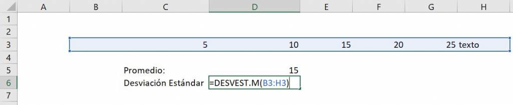 Excel calcular desviación estándar desvest desvest.m desvestp desvest.p ejemplo incluyendo celda en blanco texto