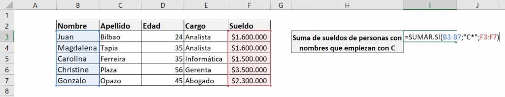 Excel sumar.si sumar si ejemplo asterisco comodin wildcard