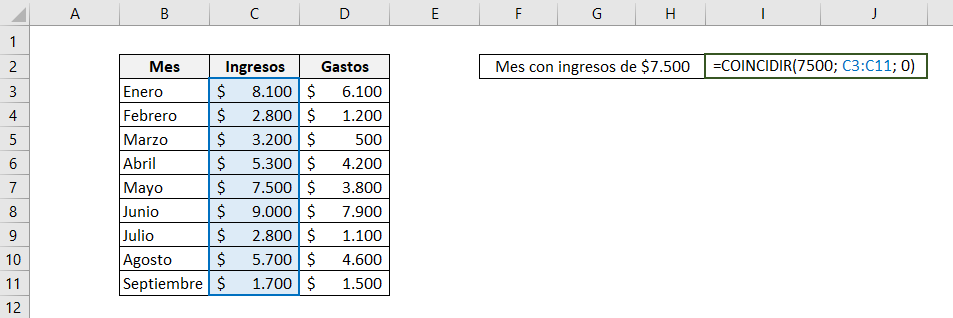 Tabla que muestra cómo funciona la función COINCIDIR de Excel, indica la fórmula utilizada y cómo se ve en la hoja de trabajo