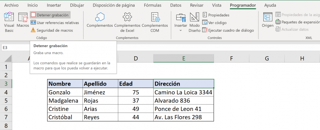 Macro absoluta: rellenar con datos y detener grabación