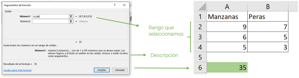 Argumentos de una función Excel.