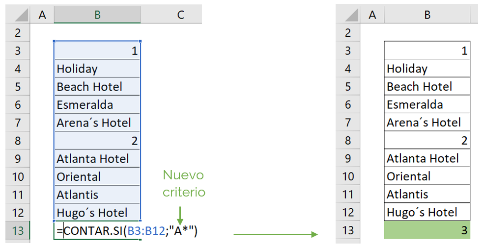 Contar celdas con texto y carácter comodín con función CONTAR.SI ejemplo 2.