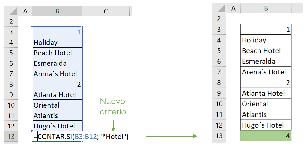 Contar celdas con texto y carácter comodín con función CONTAR.SI ejemplo 3