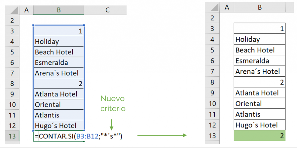 Contar celdas con texto y carácter comodín con función CONTAR.SI ejemplo 4.