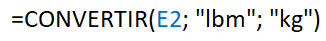 Formula used to convert from pounds to kilos in Excel with the CONVERT function.