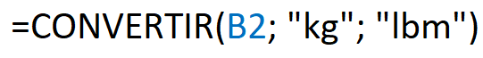 Fórmula que se usa para convertir de kilos a libras en Excel con la función CONVERTIR.