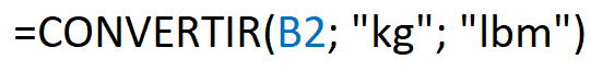 Formula used to convert from kilos to pounds in Excel with the CONVERT function.