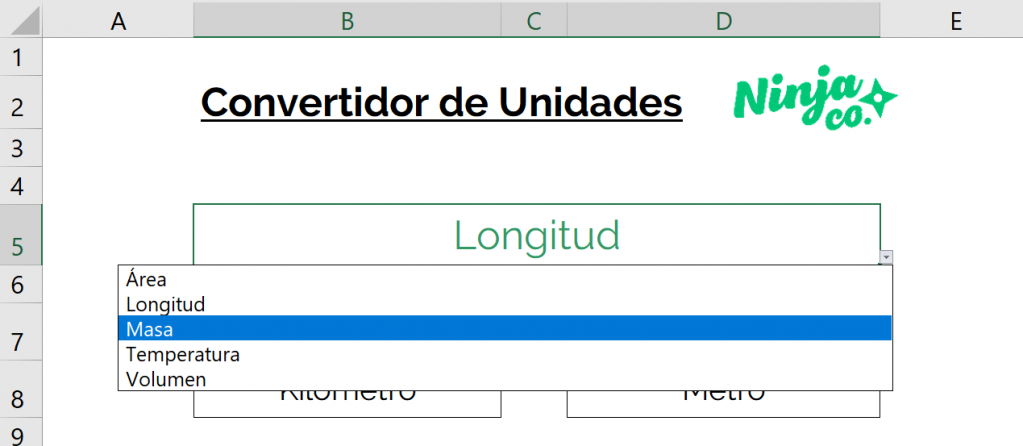 Cómo convertir Libras a Kilos y Kilos a Libras en Excel a través de un convertidor de unidades Ninja.  La imagen muestra las categorías de unidades de media como área, longitud, masa, temperatura y volumen