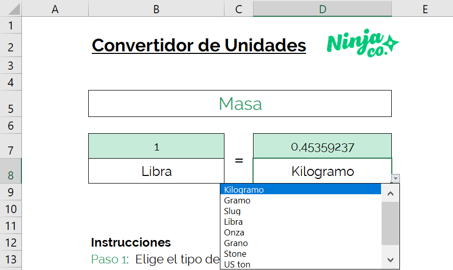 Cómo convertir de Libras a Kilos en Excel a través de un convertidor de unidades Ninja.  La imagen muestra los tipos de unidades de medida que debemos elegir, en el ejemplo utilizamos Libra y Kilogramo.   como área, longitud, masa, temperatura y volumen