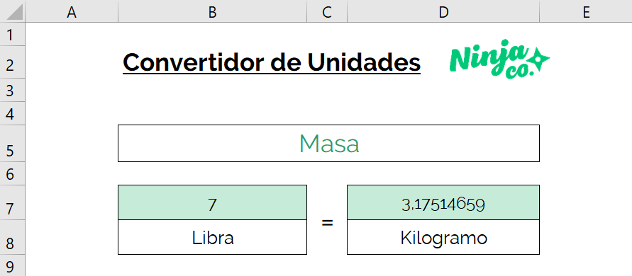 Cómo convertir de Libras a Kilos en Excel a través de un convertidor de unidades Ninja.  La imagen muestra el resultado obtenido luego de convertir 7 libras a kilos.  