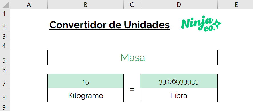 Cómo convertir de Kilos a Libras en Excel a través de un convertidor de unidades Ninja.  La imagen muestra el resultado obtenido luego de convertir 15 Kilos a libras.