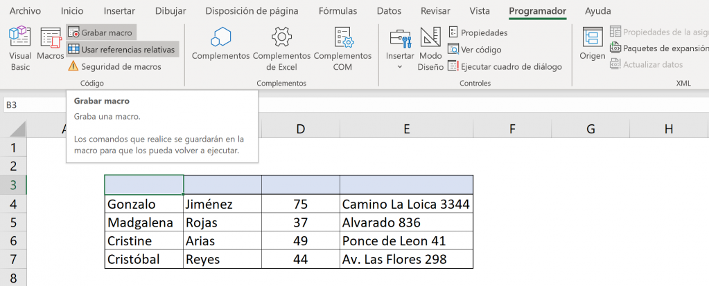 Macro Relativa: comenzar a grabar la macro