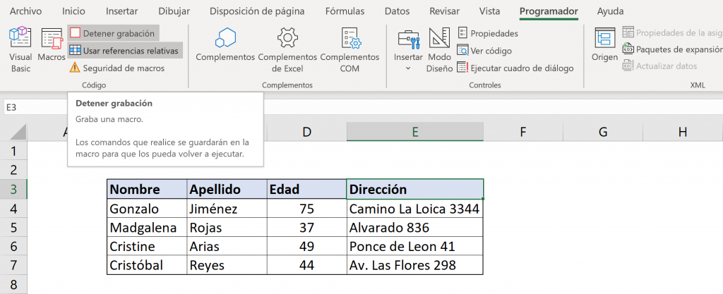 Macro Relativa: rellenar y detener la grabación