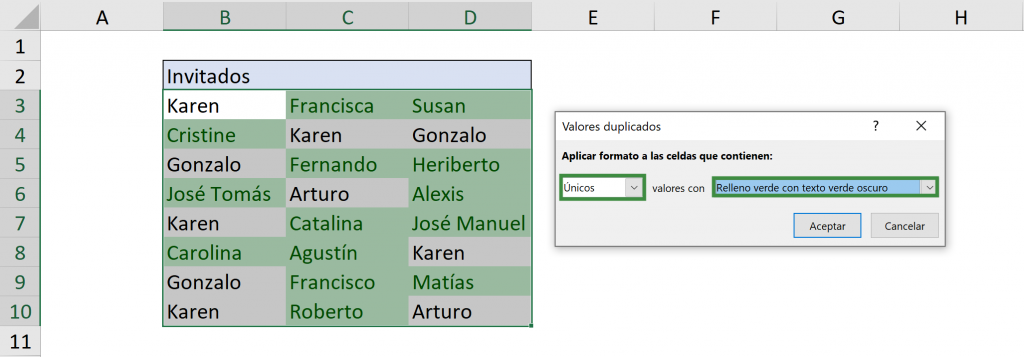 Dar formato a únicos en Excel