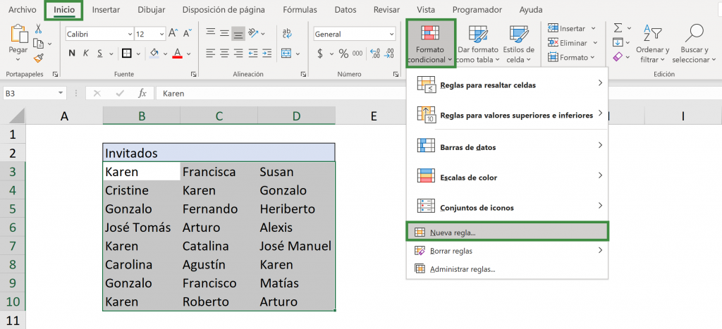 Crear nueva regla de formato condicional en Excel
