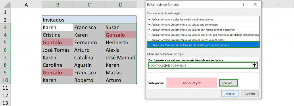 Ingresar fórmula para encontrar duplicados en Excel