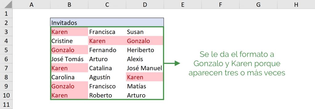 Cambiar formato a los que sale tres o más veces. Duplicados en Excel