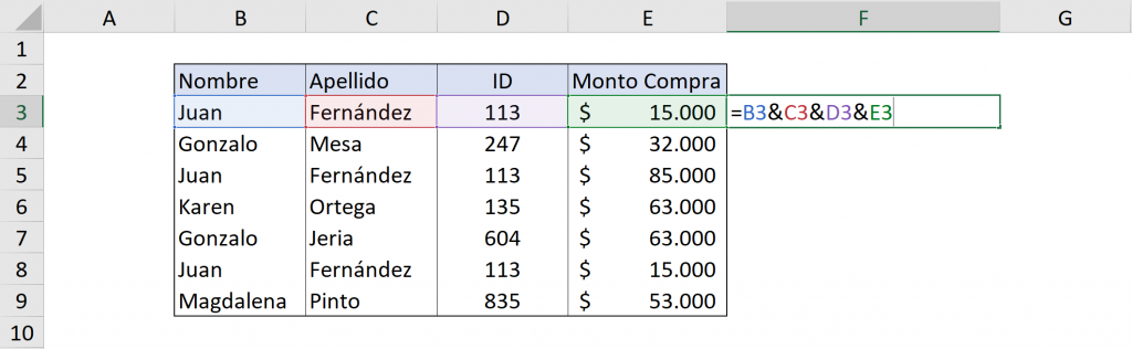 Concatenar valores en Excel