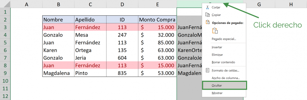 Ocultar columna en encontrar duplicados en Excel