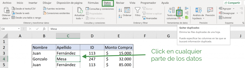 Primer paso para quitar duplicados en Excel