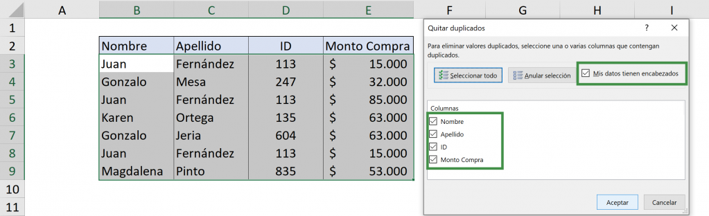 Seleccionar columnas de criterio para eliminar duplicados