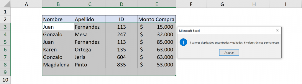 Aviso de los duplicados que fueron eliminados en Excel